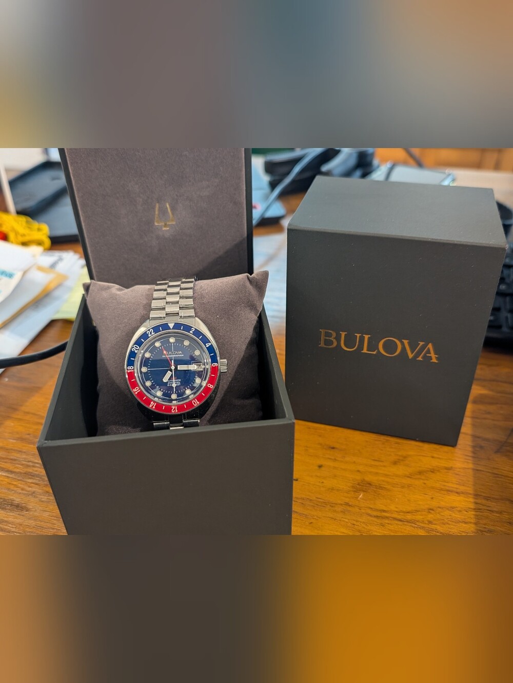 Bulova Men's Stainless Steel Watch with Blue Dial and Red/Blue GMT Bezel